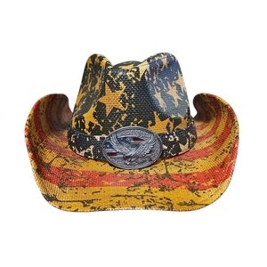 Angela & William Patriotic Cowboy Hat USA Flag Eagle Band Western Straw Sz 7 22”